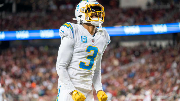 November 13, 2022; Santa Clara, California, USA; Los Angeles Chargers safety Derwin James Jr. (3) during the first quarter against the San Francisco 49ers at Levi's Stadium. Mandatory Credit: Kyle Terada-USA TODAY Sports